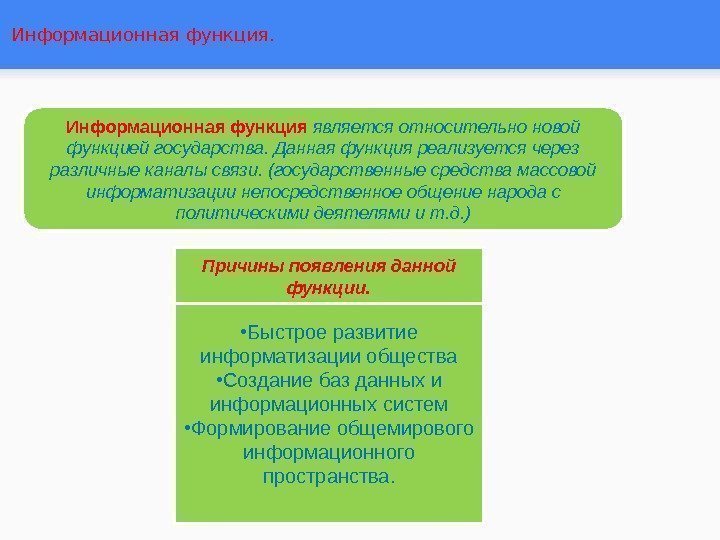 Информационная функция является относительно новой функцией государства. Данная функция реализуется через различные каналы связи.