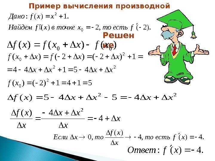 Пример вычисления производной). 2(, 2)(. 1)(: 0 2  fестьтохточкевxf. Найдем xxf. Дано Решен