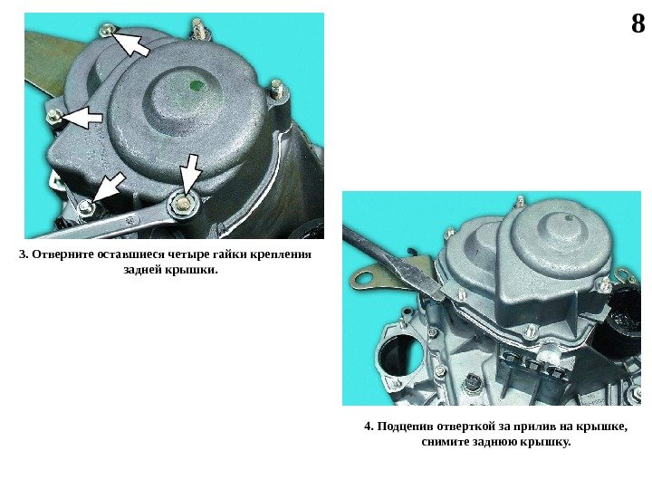 8 3. Отверните оставшиеся четыре гайки крепления задней крышки.  4. Подцепив отверткой за