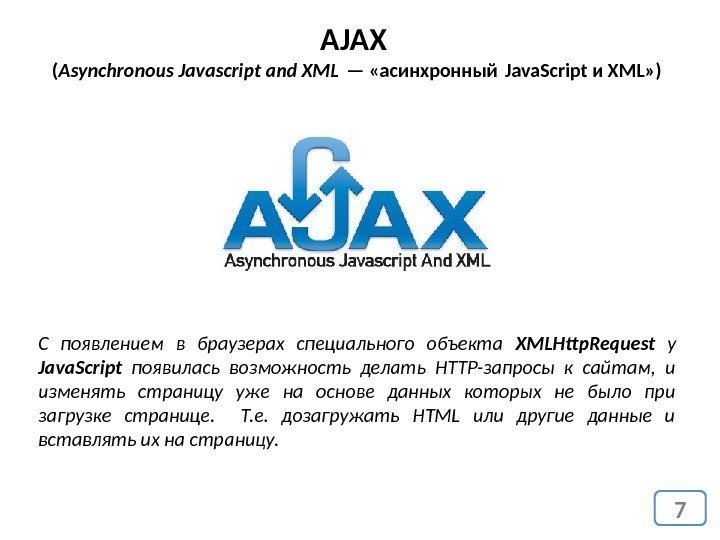 7 AJAX ( Asynchronous Javascript and XML — «асинхронный Java. Script и XML» )