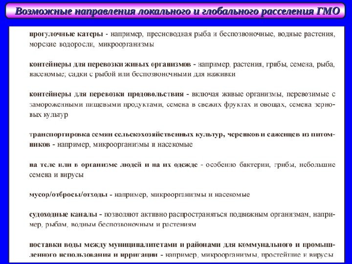   Возможные направления локального и глобального расселения ГМО 