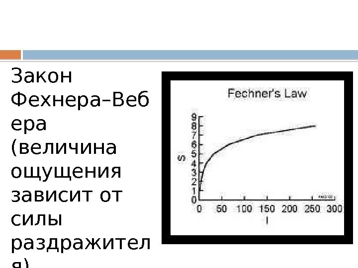 Закон Фехнера–Веб ера (величина ощущения зависит от силы раздражител я)  