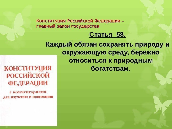 Конституция Российской Федерации – главный закон государства Статья 58. Каждый обязан сохранять природу и