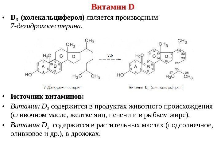  • D 3  (холекальциферол) является производным 7 -дегидрохолестерина.  • Источник витаминов