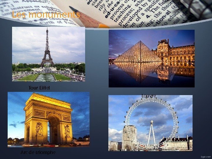Les monuments Tour Eiffel Arc de triomphe Louvre 