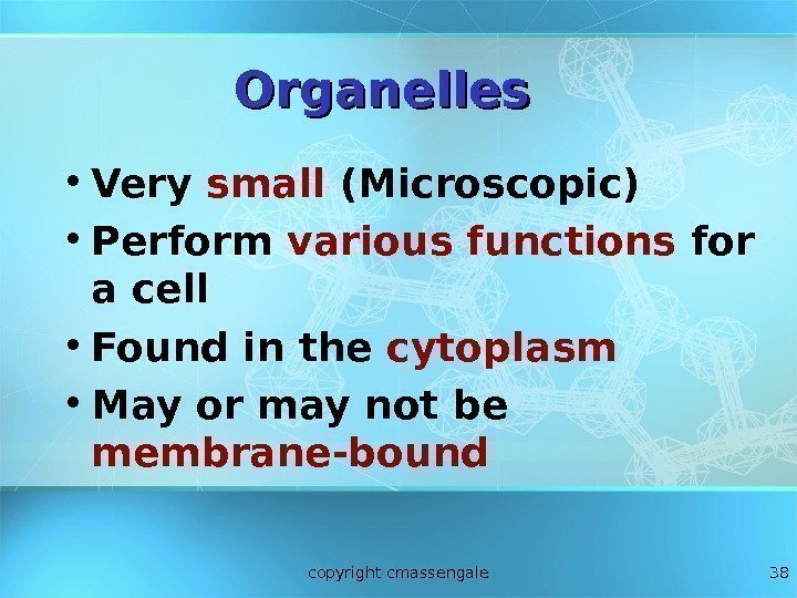 38 Organelles • Very small (Microscopic) • Perform various functions for a cell •