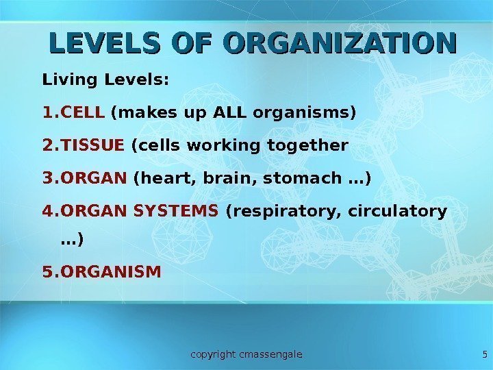 5 LEVELS OF ORGANIZATION Living Levels: 1. CELL (makes up ALL organisms) 2. TISSUE