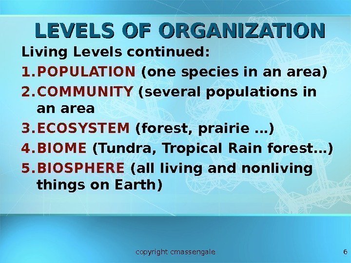6 LEVELS OF ORGANIZATION Living Levels continued: 1. POPULATION (one species in an area)