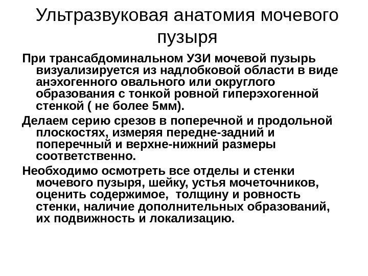 Ультразвуковая анатомия мочевого пузыря При трансабдоминальном УЗИ мочевой пузырь визуализируется из надлобковой области в