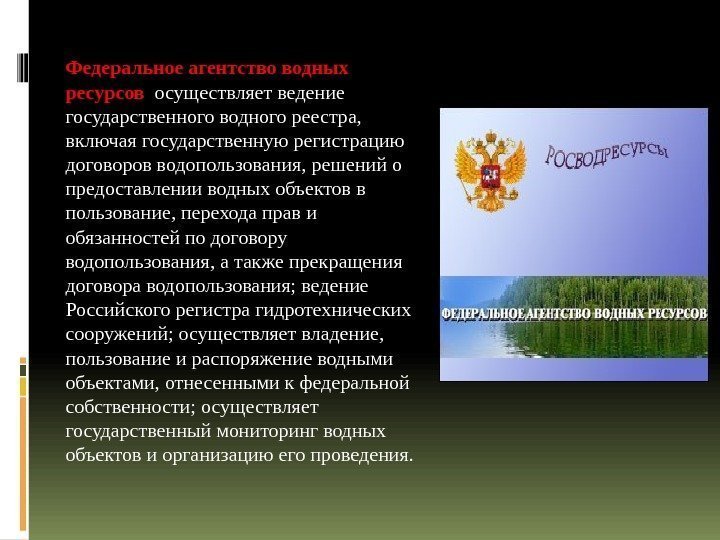 Федеральное агентство водных ресурсов  осуществляет ведение государственного водного реестра,  включая государственную регистрацию