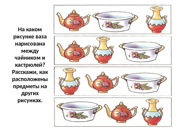На каком рисунке ваза нарисована между чайником и кастрюлей?  Расскажи, как расположены предметы