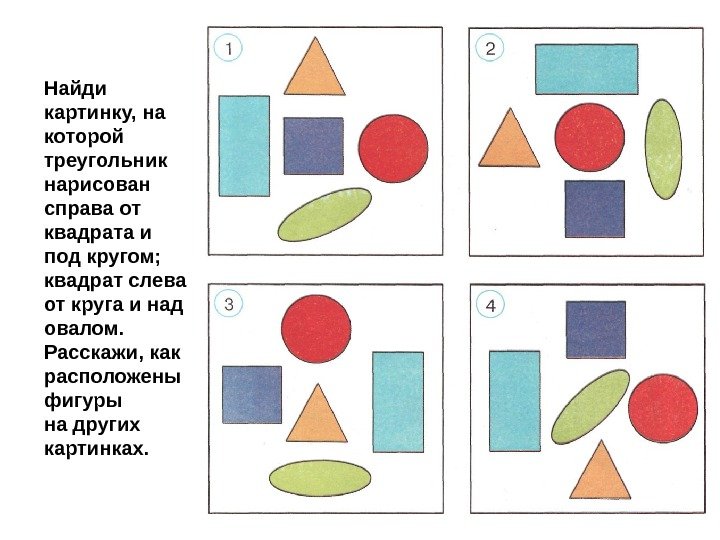Найди картинку, на которой треугольник нарисован справа от квадрата и под кругом; квадрат слева