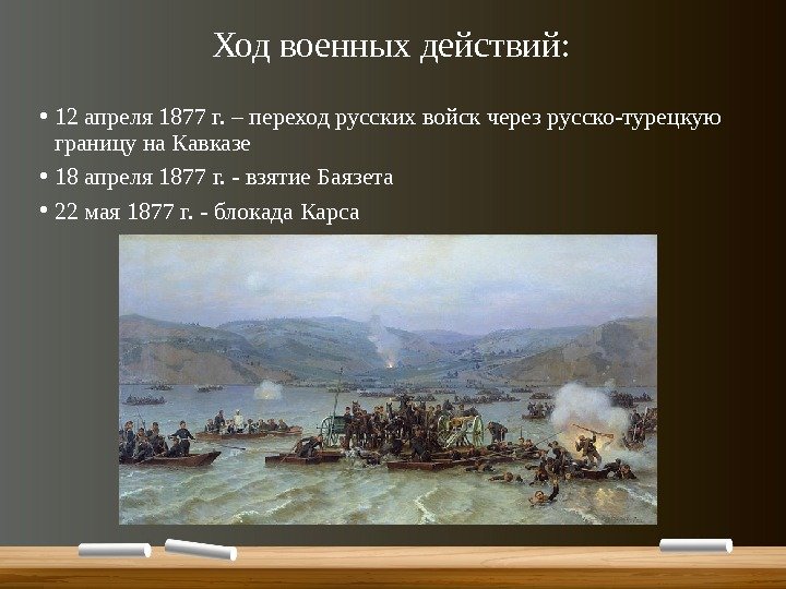 Ход военных действий:  • 12 апреля 1877 г. – переход русских войск через