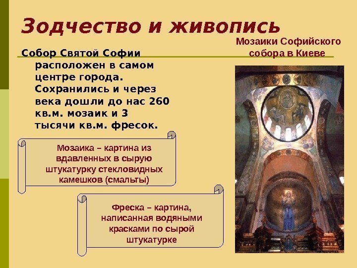 Зодчество и живопись Собор Святой Софии расположен в самом центре города.  Сохранились и