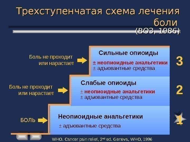 Pain 123 Сильные опиоиды Слабые опиоиды ± неопиоидные анальгетики ± адъювантные средства Неопиоидные анальгетики