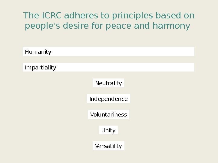 The ICRC adheres to principles based on people's desire for peace and harmony Humanity
