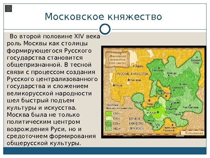 Московское княжество  Во второй половине XIV века роль Москвы как столицы формирующегося Русского