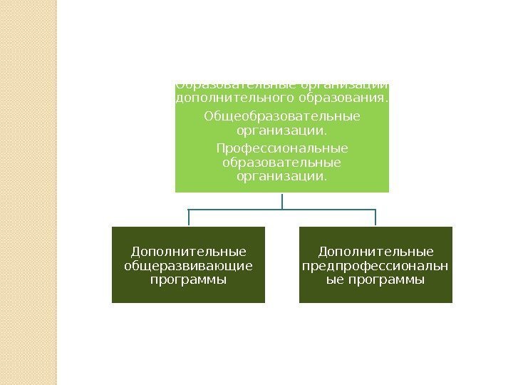 Образовательные организации дополнительного образования. Общеобразовательные организации. Профессиональные образовательные организации. Дополнительные общеразвивающие программы Дополнительные предпрофессиональн