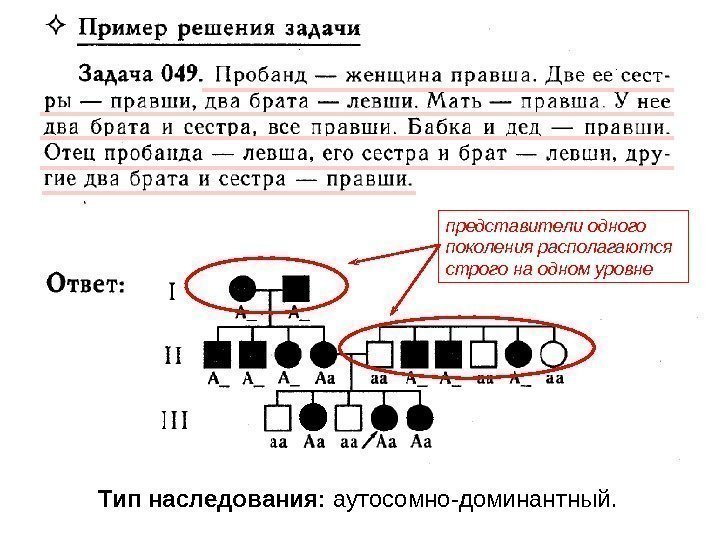 Тип наследования:  аутосомно-доминантный. представители одного поколения располагаются строго на одном уровне 