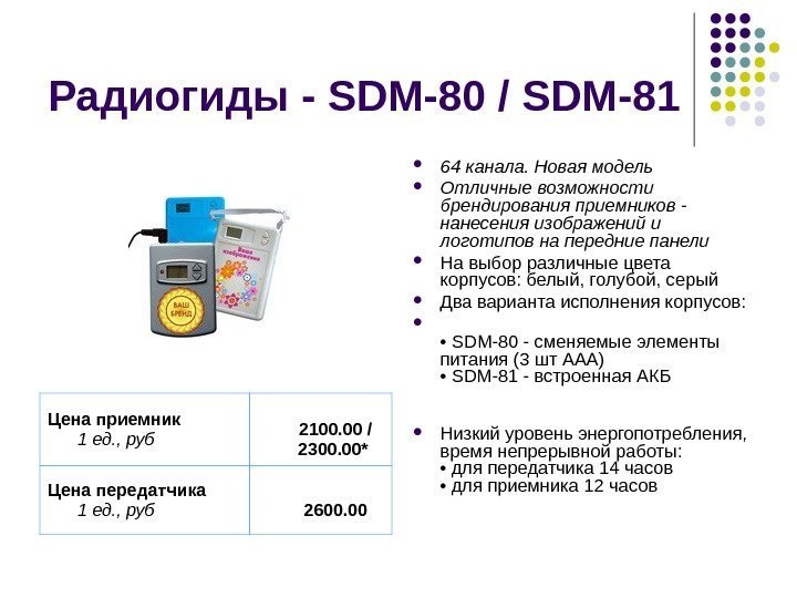 Радиогиды - SDM-80 / SDM-81  64 канала. Новая модель Отличные возможности брендирования приемников