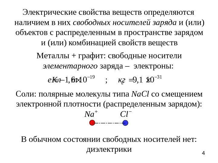 4 Электрические свойства веществ определяются наличием в них свободных носителей заряда и (или) объектов