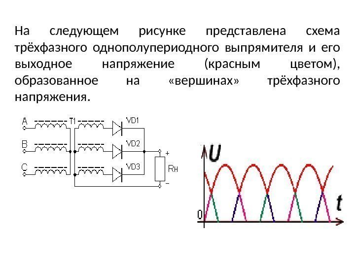 На следующем рисунке представлена схема трёхфазного однополупериодного выпрямителя и его выходное напряжение (красным цветом),