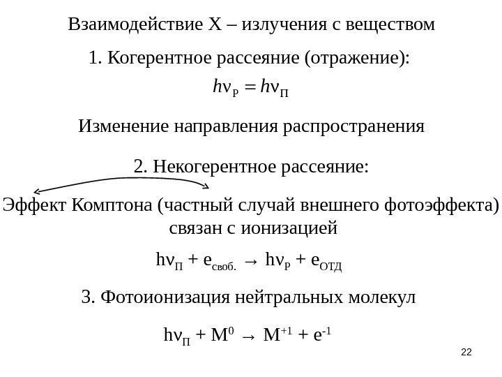 22 Взаимодействие Х – излучения с веществом 1. Когерентное рассеяние (отражение):  Pν νh