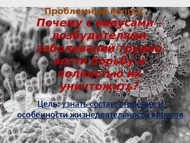 Цель:  узнать состав, строение и особенности жизнедеятельности вирусов Проблемный вопрос. Почему с вирусами