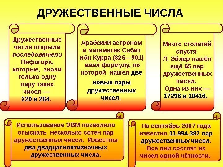  ДРУЖЕСТВЕННЫЕ ЧИСЛА Дружественные числа открыли последователи  Пифагора,  которые,  знали только