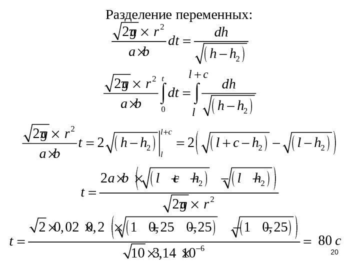 202 22 π g r dh dt a b h h  Разделение переменных: