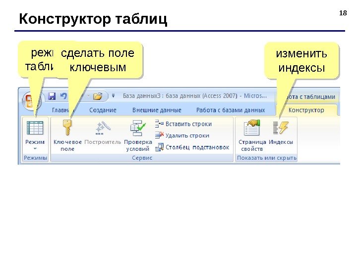 18 Конструктор таблиц режим таблицы сделать поле ключевым изменить индексы02 16 0 C 0