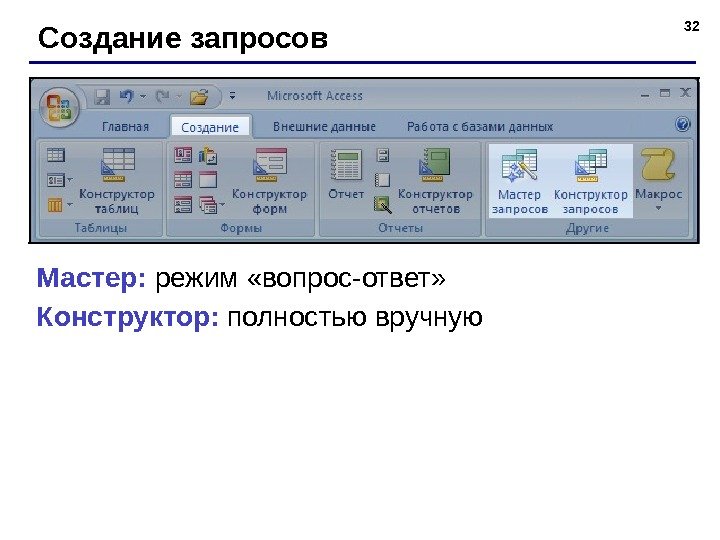 32 Создание запросов Мастер:  режим «вопрос-ответ» Конструктор:  полностью вручную 