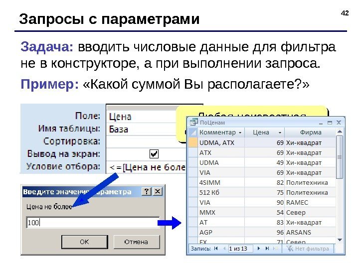 42 Запросы с параметрами Задача:  вводить числовые данные для фильтра не в конструкторе,