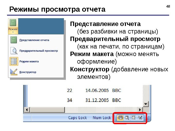 48 Режимы просмотра отчета Представление отчета  (без разбивки на страницы) Предварительный просмотр 