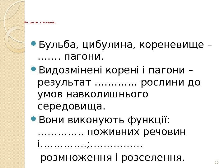 Ми разом з’ясували… Бульба, цибулина, кореневище – ……. пагони.  Видозмінені корені і пагони