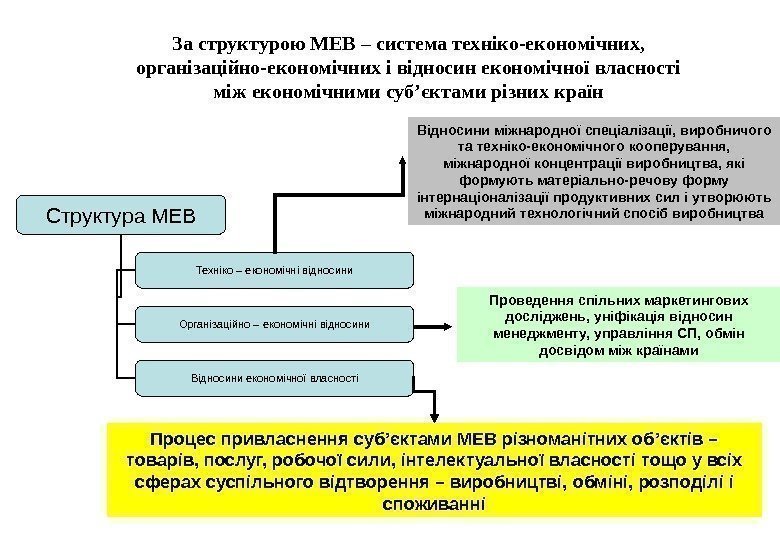За структурою МЕВ – система техніко-економічних,  організаційно-економічних і відносин економічної власності між економічними