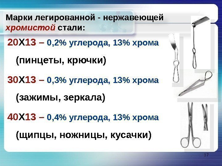 Марки легированной - нержавеющей хромистой стали: 20 Х 13 –  0, 2 углерода,