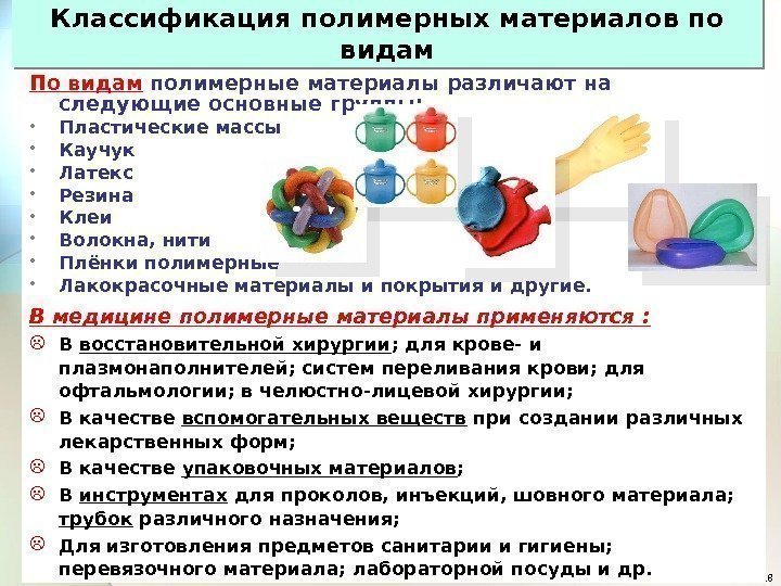 18 По видам полимерные материалы различают на следующие основные группы:  • Пластические массы