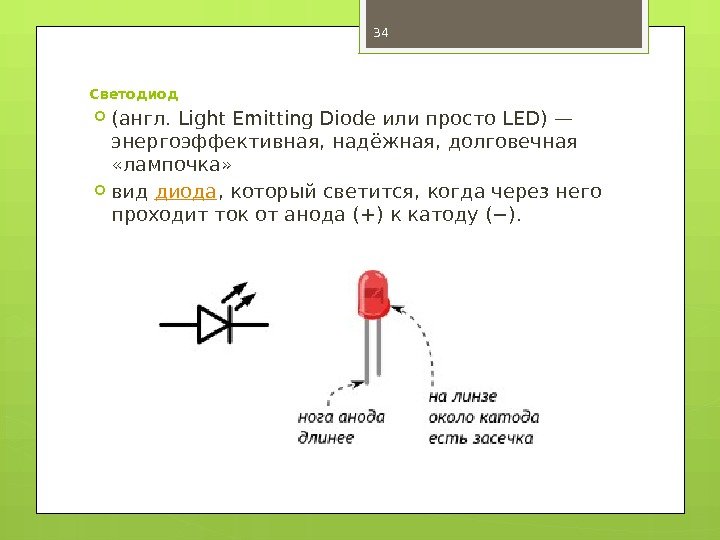Светодиод (англ. Light Emitting Diode или просто LED) — энергоэффективная, надёжная, долговечная  «лампочка»