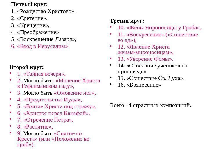 Первый круг: 1.  «Рождество Христово» ,  2.  «Сретение» ,  3.