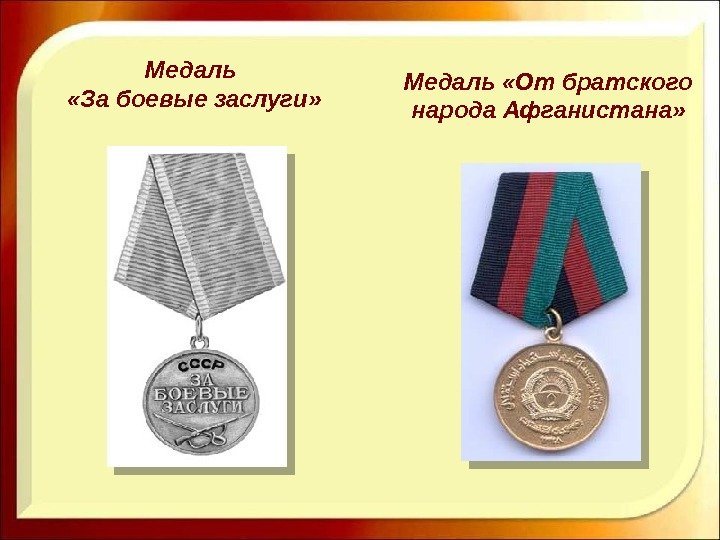 Медаль  «За боевые заслуги» Медаль «От братского народа Афганистана»  