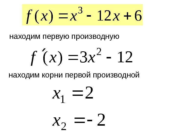   находим первую производную612)( 3 xxxf находим корни первой производной 123)( 2 xxf