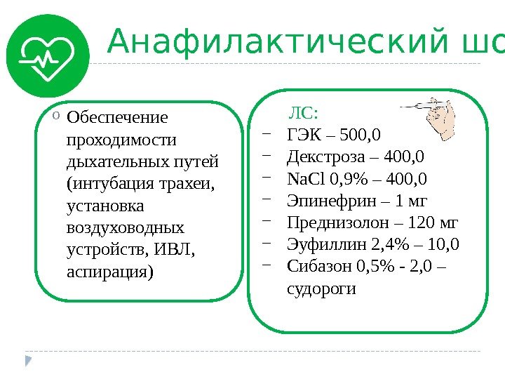 Анафилактический шок o Обеспечение проходимости дыхательных путей (интубация трахеи,  установка воздуховодных устройств, ИВЛ,