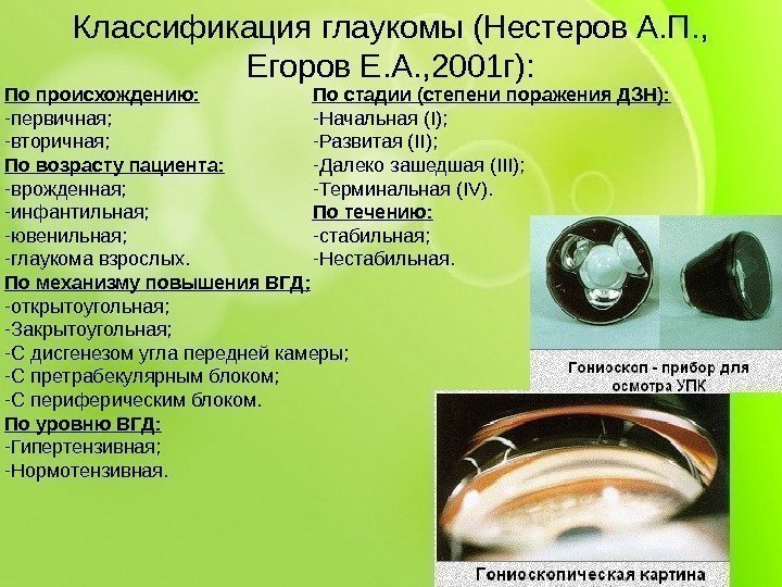 Классификация глаукомы (Нестеров А. П. ,  Егоров Е. А. , 2001 г): По