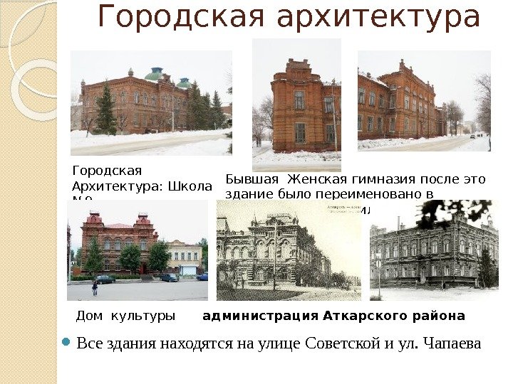 Городская архитектура Все здания находятся на улице Советской и ул. Чапаева. Городская  Архитектура: