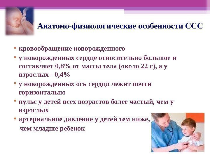 Анатомо-физиологические особенности ССС • кровообращение новорожденного  • у новорожденных сердце относительно большое и