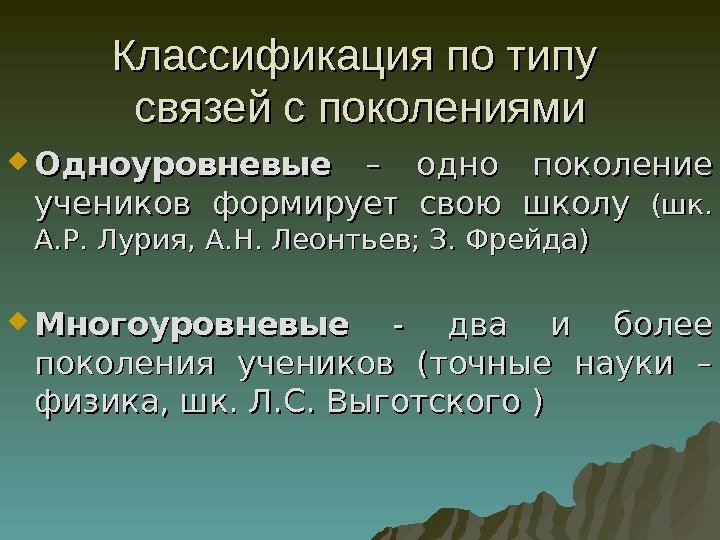 Классификация по типу  связей с поколениями Одноуровневые  – одно  поколение учеников