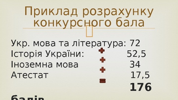  Укр. мова та література: 72 Історія України:    52, 5 Іноземна