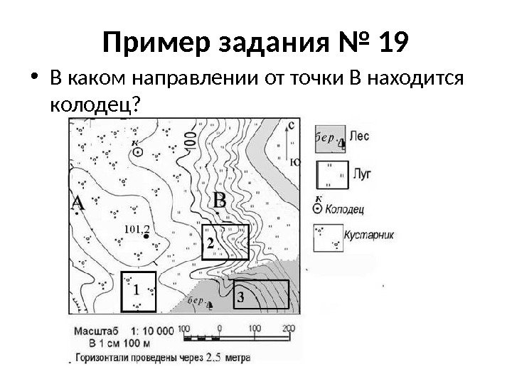 Пример задания № 19 • В каком направлении от точки В находится колодец? 