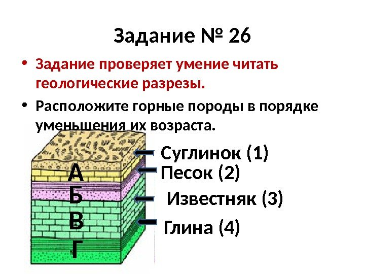 Задание № 26 • Задание проверяет умение читать геологические разрезы.  • Расположите горные